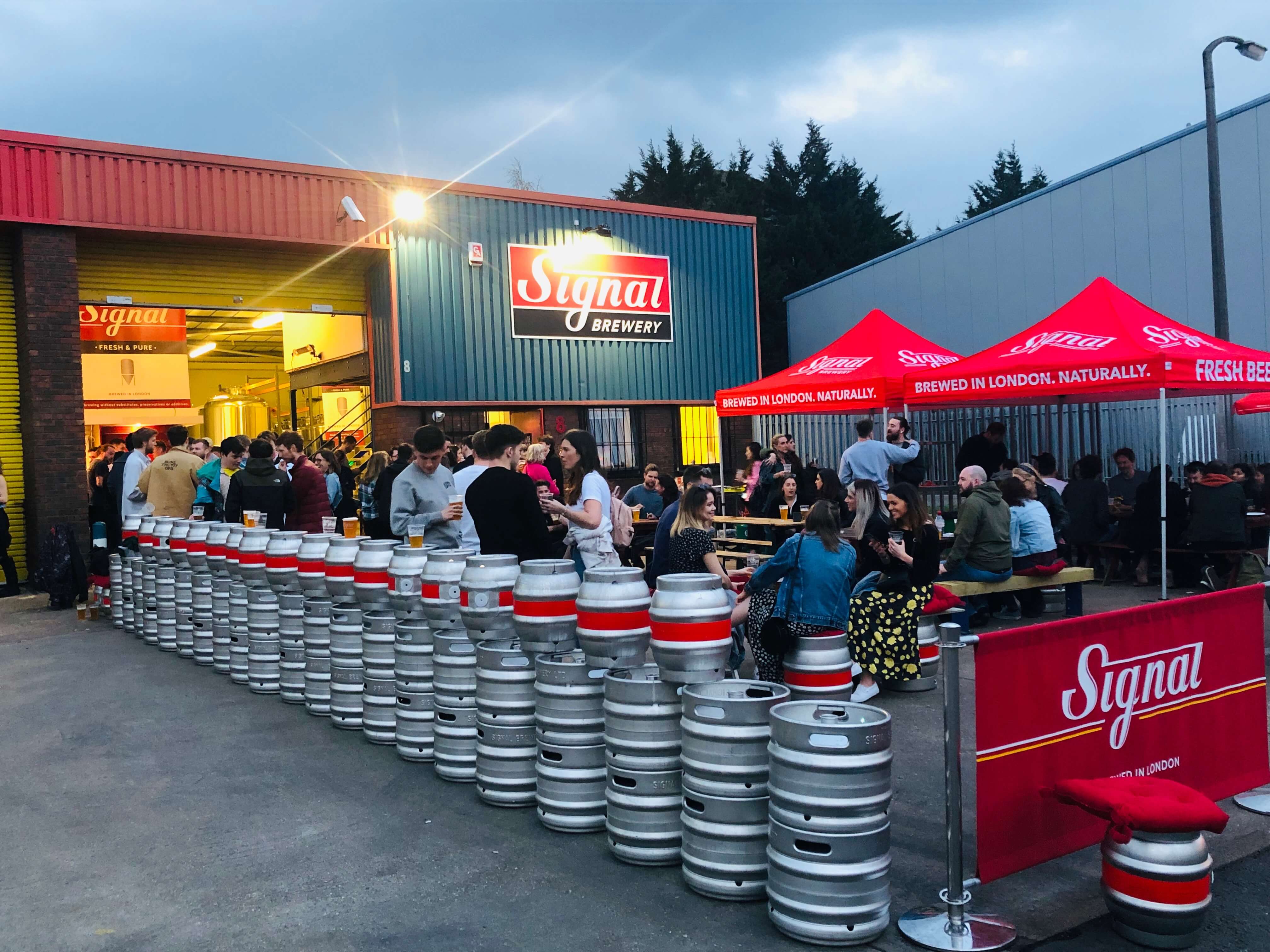 Evening outdoor drinks at Signal Brewery & Taproom, Croydon, South London